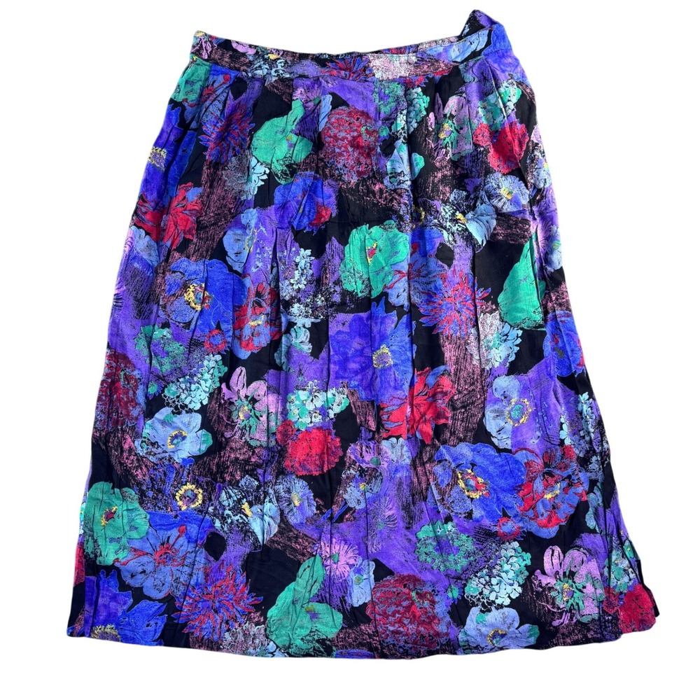 Vintage‎ 90s Pretense Floral Midi Skirt Purple Blue Teal High Waist Pleated